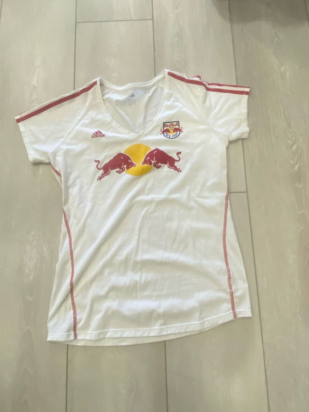 adidas White Women's Short Sleeve Red Bull Soccer Tee - White/Red/Yellow